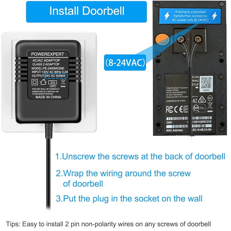 ATUOE Doorbell Transformer, AC 24 Volt Transformer for Ring C Wire Adapter Thermostat Cord Compatible with Ring Doorbell, Wyze, Nest Ecobee, Honeywell, Eufy and Nest Hello Video Doorbells, Black - Image 4